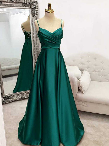 A-Line/Princess Elastic Woven Satin Ruffles V-neck Sleeveless Sweep/Brush Train Prom Dress