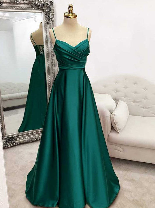 A-Line/Princess Elastic Woven Satin Ruffles V-neck Sleeveless Sweep/Brush Train Prom Dress