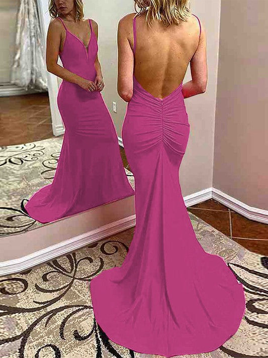 Sheath/Column Jersey Pleats V-neck Sleeveless Sweep/Brush Train Prom Dress