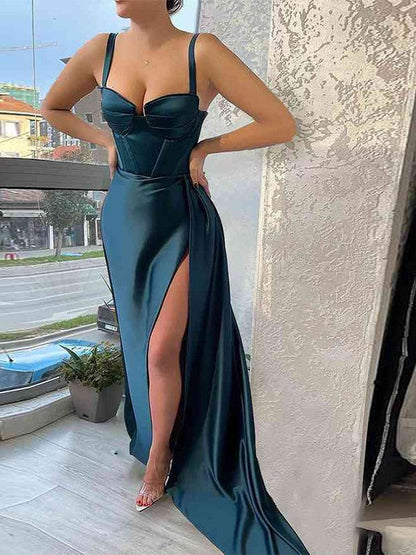 Sheath/Column Silk like Satin Ruched Straps Sleeveless Sweep/Brush Train Corset Prom Dress