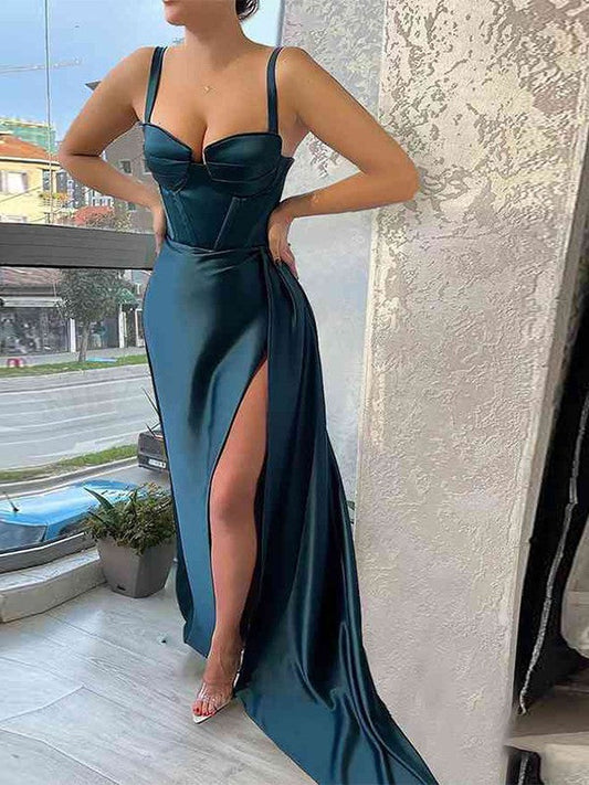 Sheath/Column Silk like Satin Ruched Straps Sleeveless Sweep/Brush Train Corset Prom Dress
