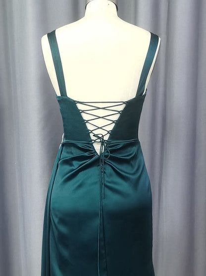 Sheath/Column Silk like Satin Ruched Straps Sleeveless Sweep/Brush Train Corset Prom Dress