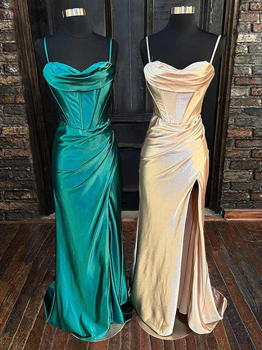 Sheath/Column Silk like Satin Pleats Spaghetti Straps Sleeveless Sweep/Brush Train Corset Prom Dress