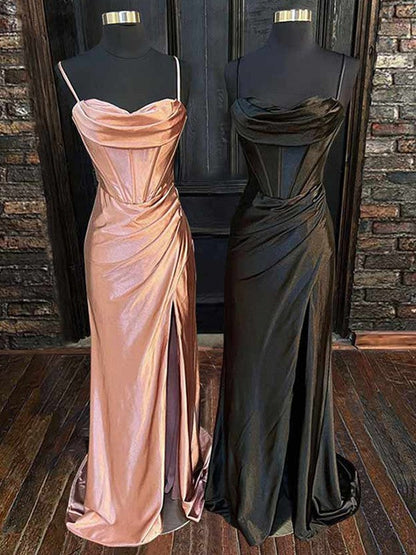 Sheath/Column Silk like Satin Pleats Spaghetti Straps Sleeveless Sweep/Brush Train Corset Prom Dress