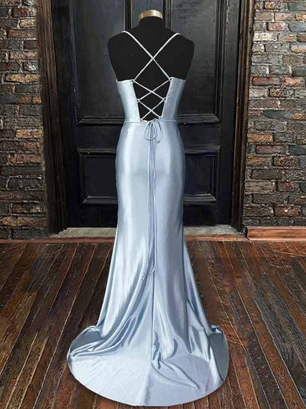 Sheath/Column Silk like Satin Pleats Spaghetti Straps Sleeveless Sweep/Brush Train Corset Prom Dress
