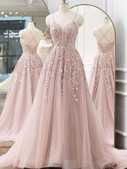 A-Line/Princess Tulle Applique V-neck Sleeveless Sweep/Brush Train Prom Dress