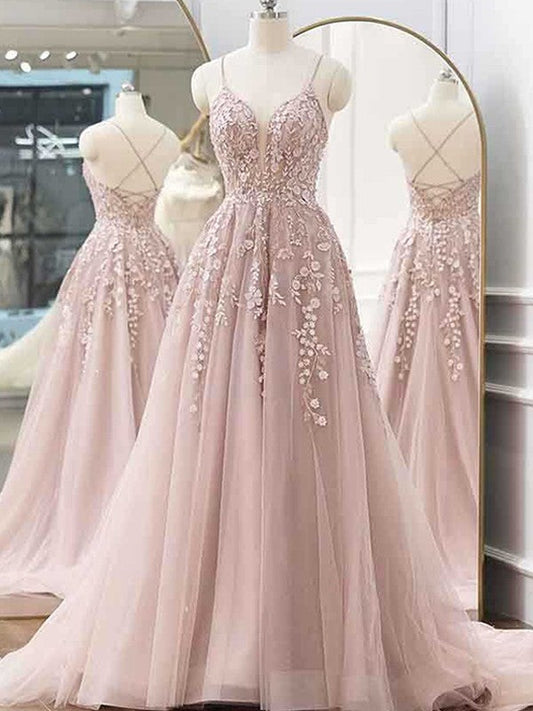A-Line/Princess Tulle Applique V-neck Sleeveless Sweep/Brush Train Prom Dress