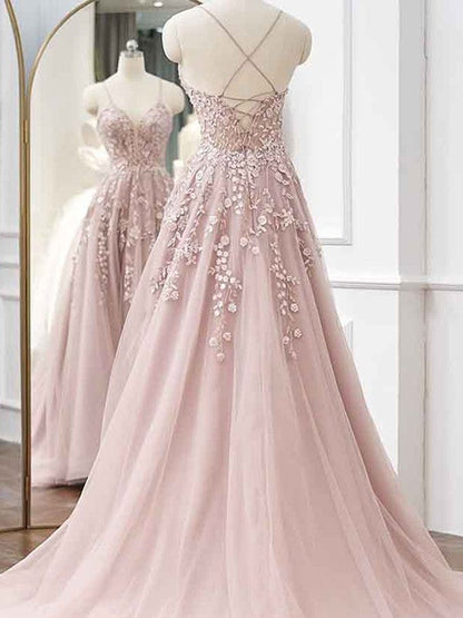 A-Line/Princess Tulle Applique V-neck Sleeveless Sweep/Brush Train Prom Dress
