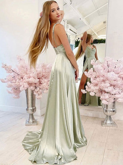 A-Line/Princess Silk like Satin Ruffles Spaghetti Straps Sleeveless Sweep/Brush Train Bridesmaid Dresses
