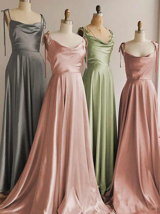 A-Line/Princess Silk like Satin Ruffles Spaghetti Straps Sleeveless Sweep/Brush Train Bridesmaid Dresses