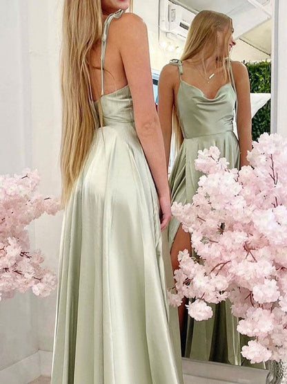 A-Line/Princess Silk like Satin Ruffles Spaghetti Straps Sleeveless Sweep/Brush Train Bridesmaid Dresses