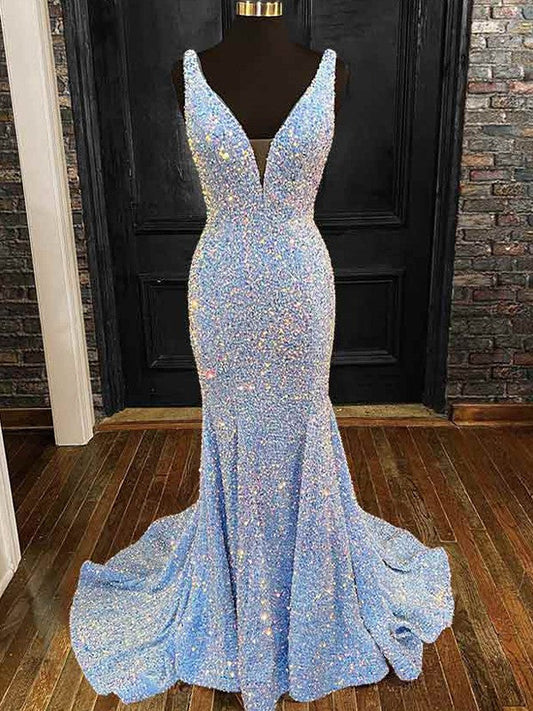 Sheath/Column Velvet Sequins V-neck Sleeveless Sweep/Brush Train Prom Dress