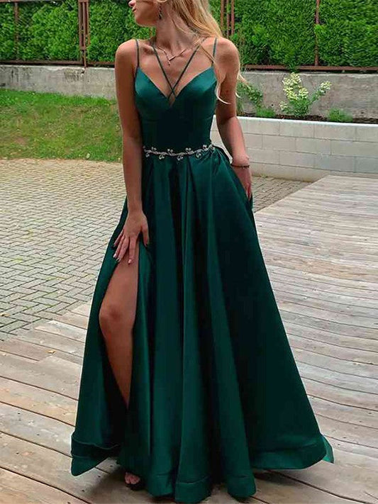 A-Line/Princess Elastic Woven Satin Spaghetti Straps Sleeveless Sweep/Brush Train Prom Dress