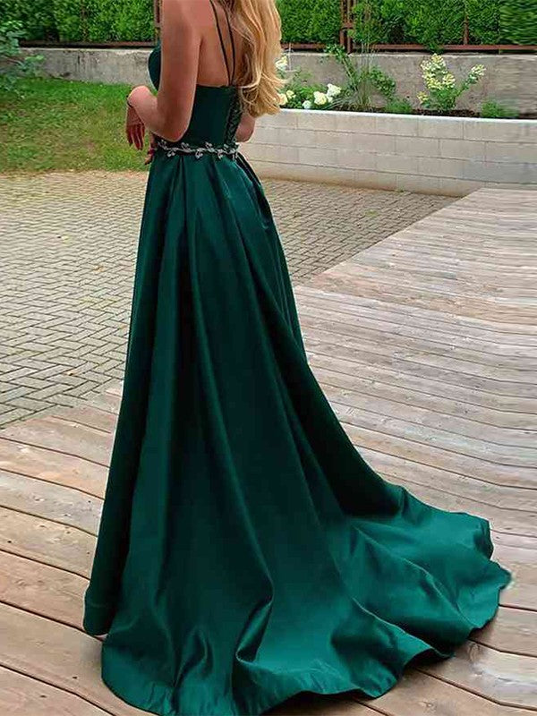 A-Line/Princess Elastic Woven Satin Spaghetti Straps Sleeveless Sweep/Brush Train Prom Dress