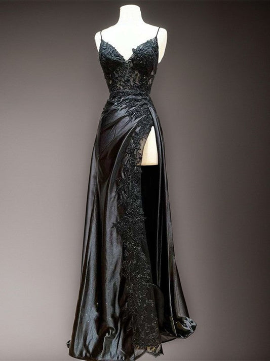 Sheath V-neck Appliques Lace Sweep Train Elastic Woven Satin Prom Dress
