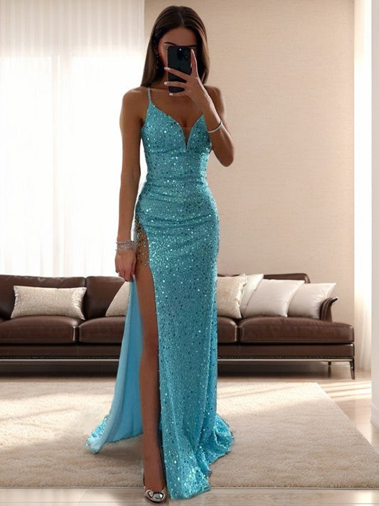 Sheath V-neck Sweep Train Prom Dress