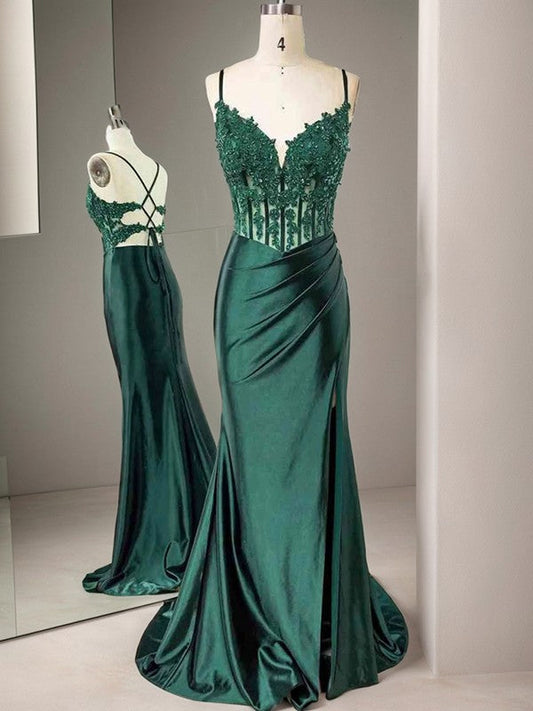 Sheath Spaghetti Straps Appliques Lace Sweep Train Silk Like Satin Corset Prom Dress