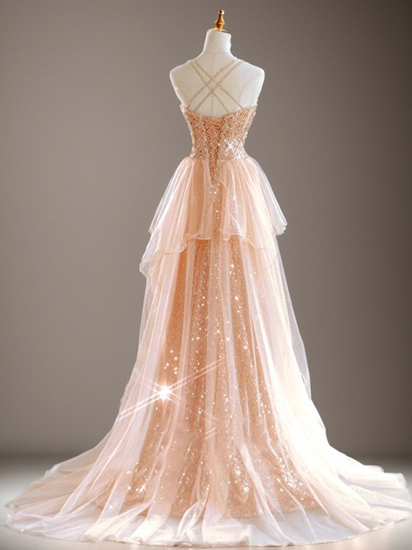 A-line V-neck Sweep Train Prom Dress