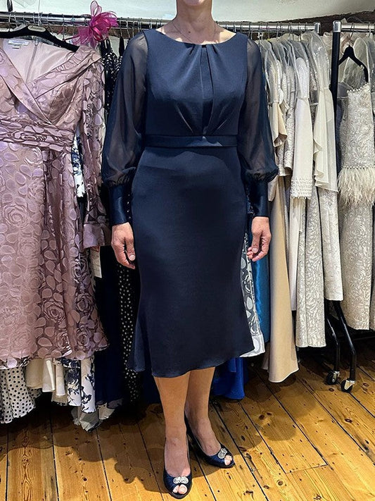 Sheath/Column Stretch Crepe Scoop Long Sleeves Tea-Length Mother of the Bride Dress