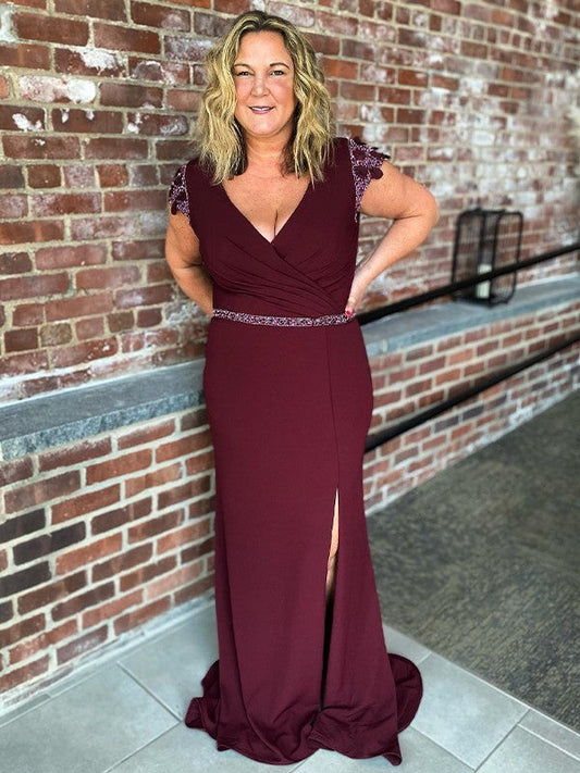 Sheath/Column Jersey Applique V-neck Sleeveless Sweep/Brush Train Mother of the Bride Dress