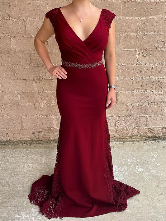 Sheath/Column Stretch Crepe Applique V-neck Sweep/Brush Train Mother of the Bride Dress