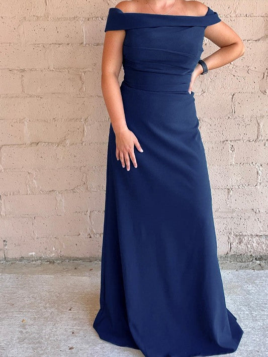 Sheath/Column Stretch Crepe Ruched Off-the-Shoulder Sweep/Brush Train Mother of the Bride Dress