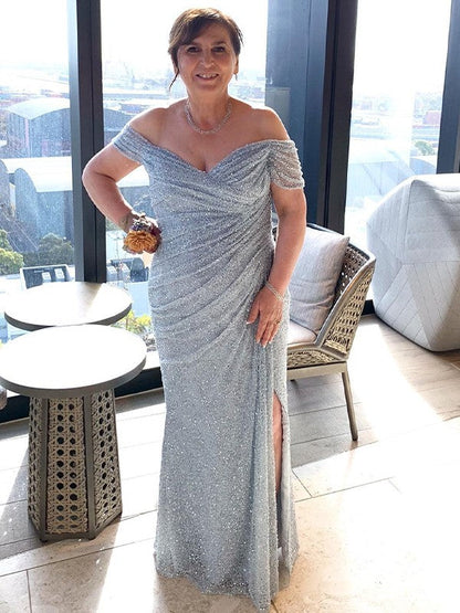 Sheath/Column Ruched Off-the-Shoulder Sleeveless Floor-Length Mother of the Bride Dress