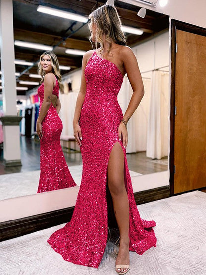 Trumpet/Mermaid Velvet Sequins One-Shoulder Sleeveless Sweep/Brush Train Prom Dress