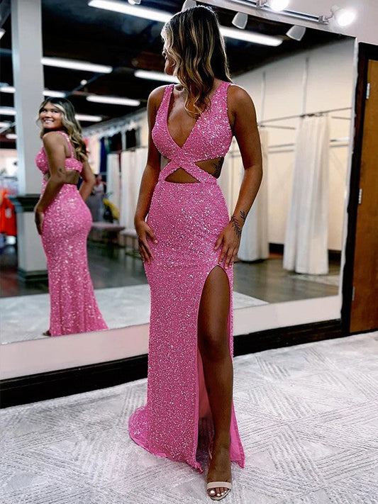 Sheath/Column Velvet Sequins V-neck Sleeveless Sweep/Brush Train Prom Dress