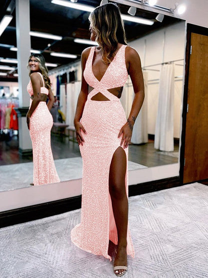 Sheath/Column Velvet Sequins V-neck Sleeveless Sweep/Brush Train Prom Dress