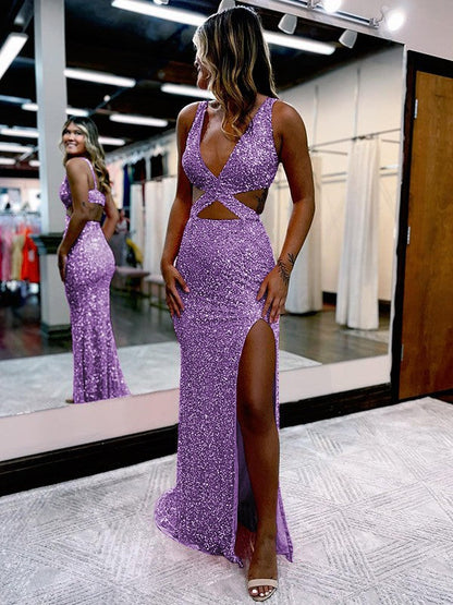 Sheath/Column Velvet Sequins V-neck Sleeveless Sweep/Brush Train Prom Dress
