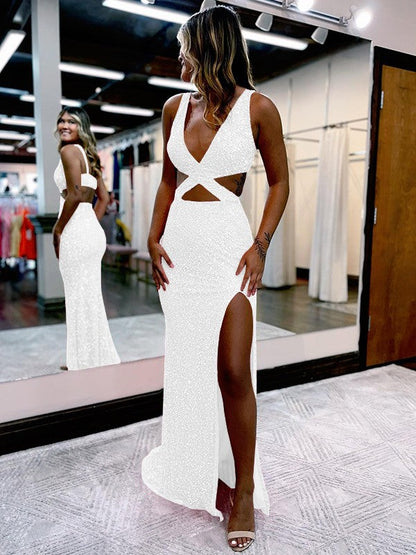 Sheath/Column Velvet Sequins V-neck Sleeveless Sweep/Brush Train Prom Dress