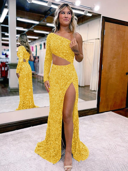 Trumpet/Mermaid Velvet Sequins One-Shoulder Long Sleeve Sweep/Brush Train Prom Dress