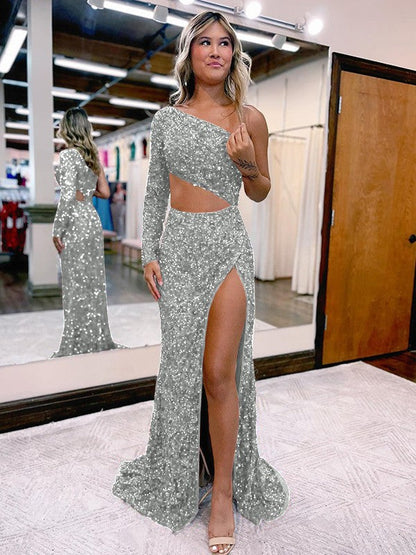 Trumpet/Mermaid Velvet Sequins One-Shoulder Long Sleeve Sweep/Brush Train Prom Dress