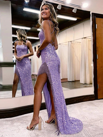 Sheath/Column Sequin Spaghetti Straps Sleeveless Sweep/Brush Train Prom Dress