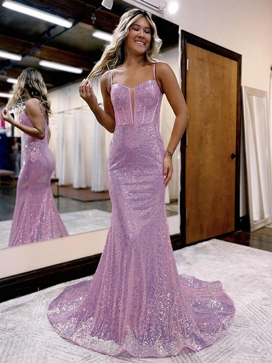 Trumpet/Mermaid Sequins Sweetheart Sleeveless Court Train Corset Prom Dress