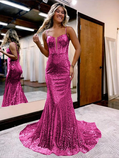 Trumpet/Mermaid Sequins Sweetheart Sleeveless Court Train Corset Prom Dress