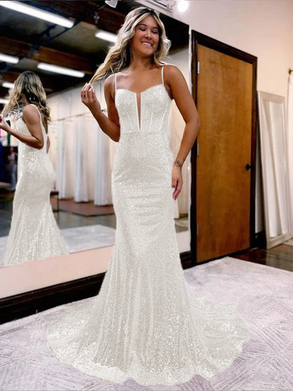 Trumpet/Mermaid Sequins Sweetheart Sleeveless Court Train Corset Prom Dress