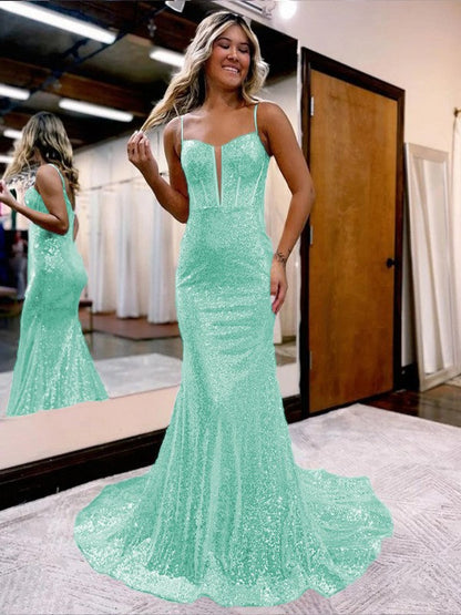 Trumpet/Mermaid Sequins Sweetheart Sleeveless Court Train Corset Prom Dress
