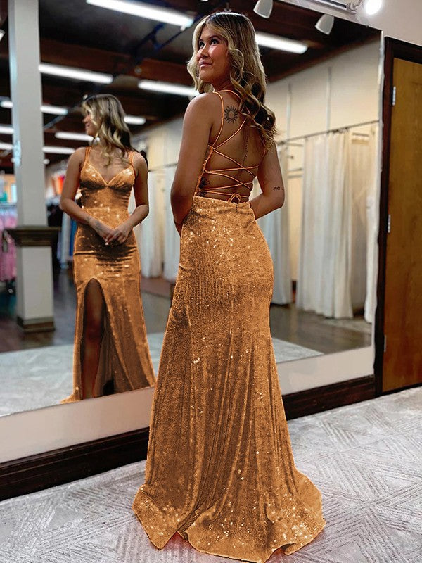 Sheath/Column Spaghetti Straps Sleeveless Sweep/Brush Train Prom Dress