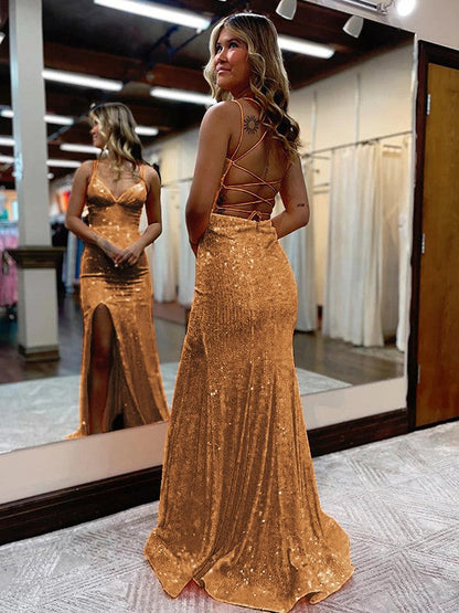 Sheath/Column Spaghetti Straps Sleeveless Sweep/Brush Train Prom Dress