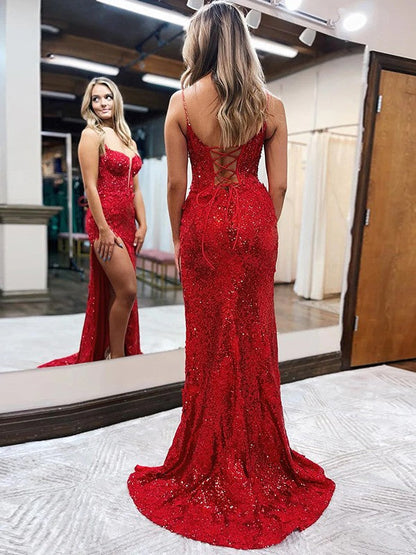 Sheath/Column Sequins Spaghetti Straps Sleeveless Sweep/Brush Train Corset Prom Dress