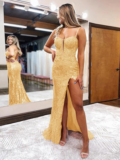 Sheath/Column Sequins Spaghetti Straps Sleeveless Sweep/Brush Train Corset Prom Dress