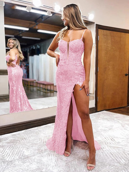 Sheath/Column Sequins Spaghetti Straps Sleeveless Sweep/Brush Train Corset Prom Dress