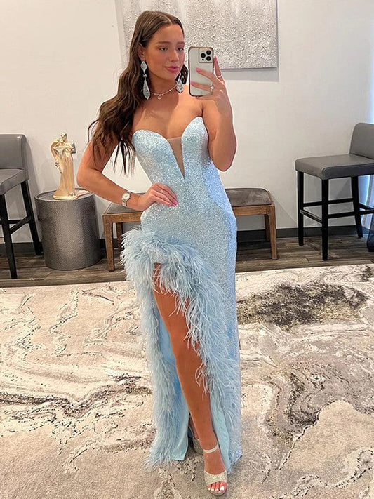 Sheath/Column Sequins Feathers/Fur Sweetheart Sleeveless Floor-Length Prom Dress