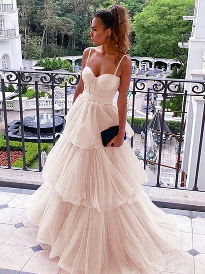 A-Line/Princess Tulle Spaghetti Straps Sleeveless Floor-Length Corset Prom Dress