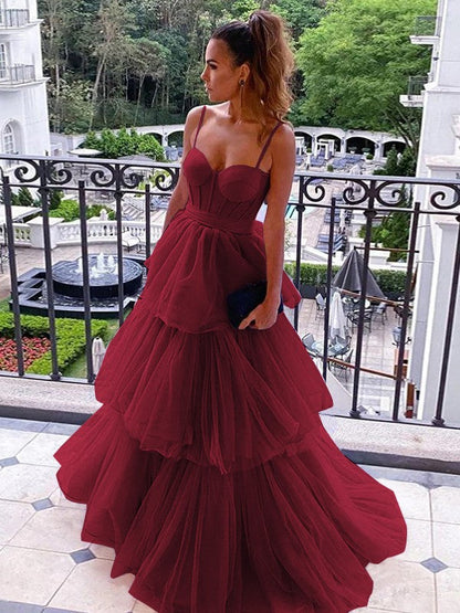 A-Line/Princess Tulle Spaghetti Straps Sleeveless Floor-Length Corset Prom Dress