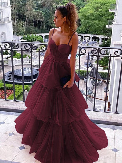 A-Line/Princess Tulle Spaghetti Straps Sleeveless Floor-Length Corset Prom Dress