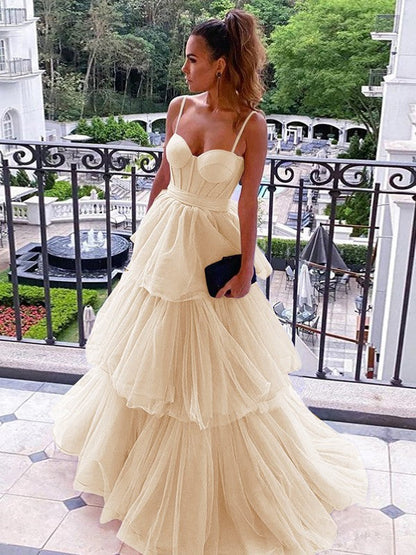 A-Line/Princess Tulle Spaghetti Straps Sleeveless Floor-Length Corset Prom Dress