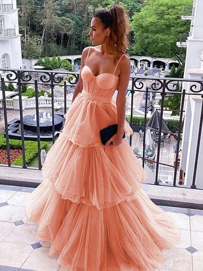 A-Line/Princess Tulle Spaghetti Straps Sleeveless Floor-Length Corset Prom Dress